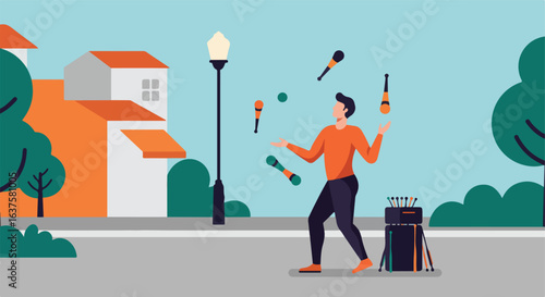 Skilled street performer juggles clubs in a colorful, vector-style urban setting