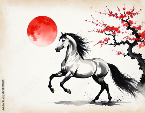 水墨画風の干支や馬をテーマにした年賀状素材