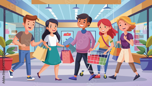 Group of young adults enjoying shopping with bags and a cart in a brightly lit shopping mall area