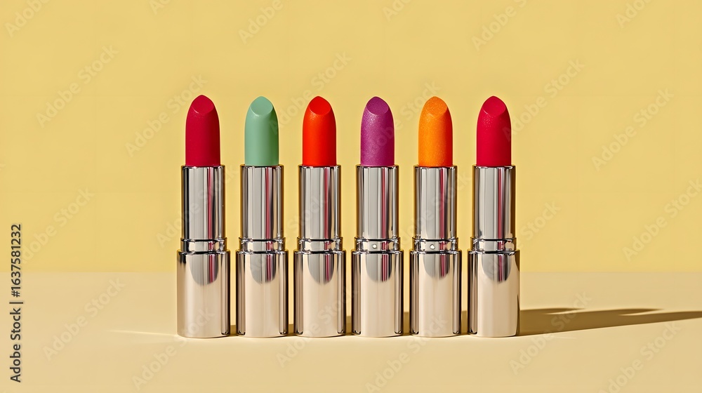 Obraz premium Colorful lipstick tubes arranged in a row against a light yellow background.