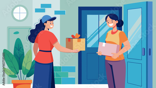 Delivery person handing a package to a woman at her front door with a potted plant nearby, smiling happily