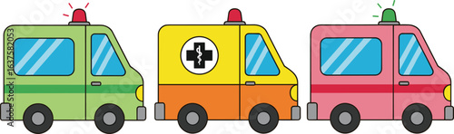 Cartoon style ambulance vehicles in green, yellow and orange, and red and pink colors with flashing emergency lights, medical transport, emergency response, healthcare, rescue vehicles