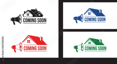 Coming Soon real estate announcement, house icon with megaphone, property marketing, home sale promotion, colorful variations, realty advertisement, housing market, vector graphic, modern design