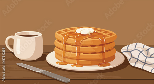 Waffles & Coffee. A stack with butter and syrup alongside a knife and checked napkin