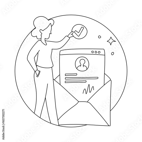 Woman Approving Profile on Screen with Envelope and Check Mark Symbol