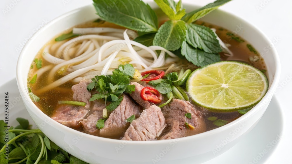 Fresh Vietnamese Pho Bowl with Beef and Herbs on White Background Fresh Vietnamese Pho Bowl with Beef and Herbs on White Background