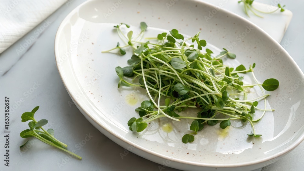Fresh Microgreens on a White Plate with Olive Oil Drizzle Fresh Microgreens on a White Plate with Olive Oil Drizzle