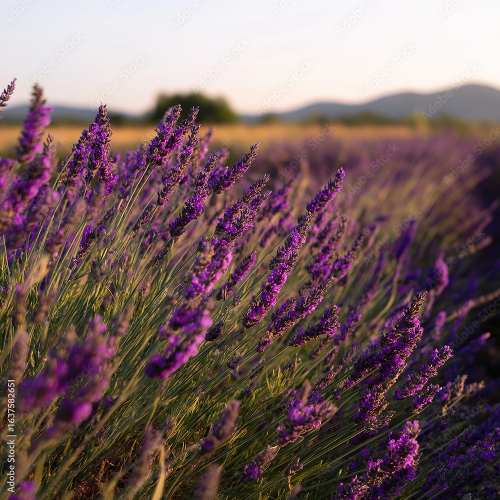 Obraz premium Vibrant Lavender Field at Sunset with Purple Blooms and Mountain Backdrop - Romantic Landscape Photography