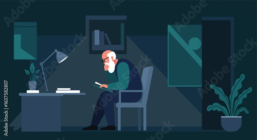 Man with beard reading a book in dimly lit room, desk, shelf, and plants