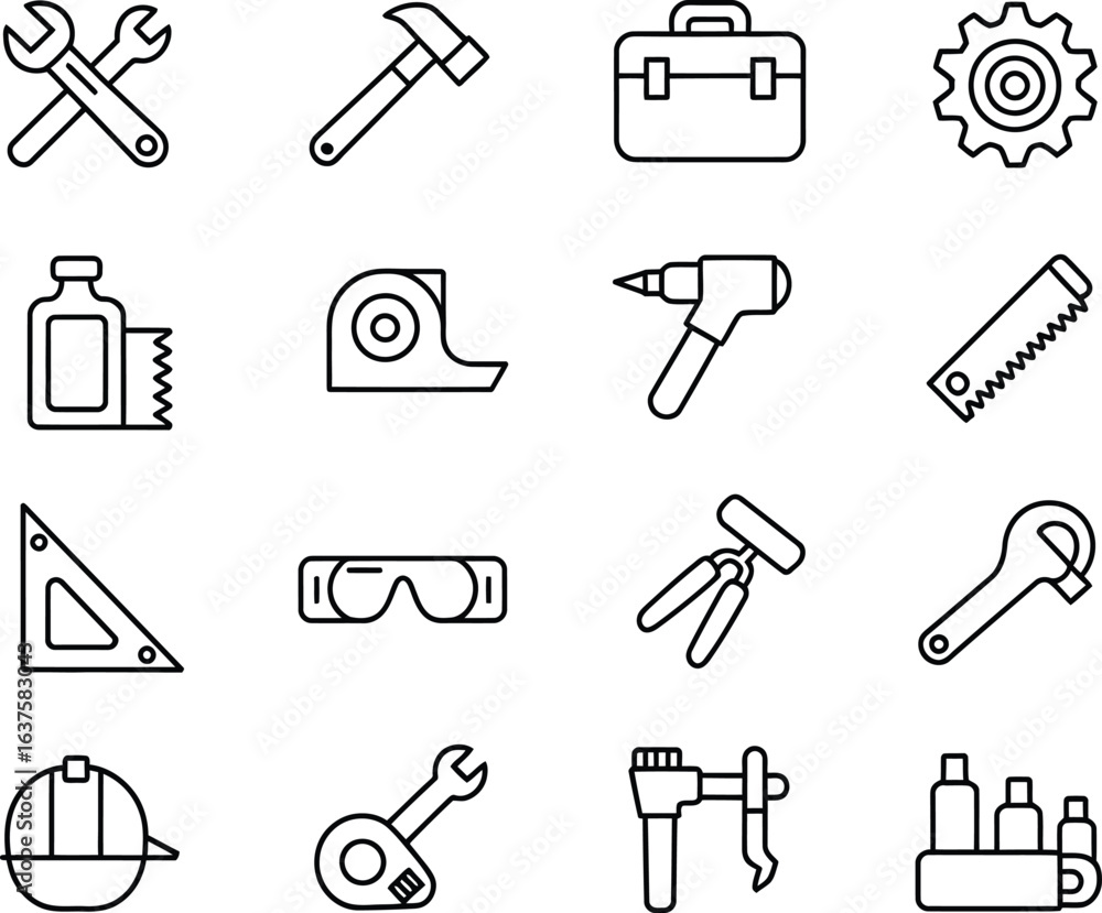 Fototapeta premium Set of Construction Tools Line Art Icons Featuring Wrench Hammer Toolbox Gear Safety Goggles and More Construction Industry Concepts
