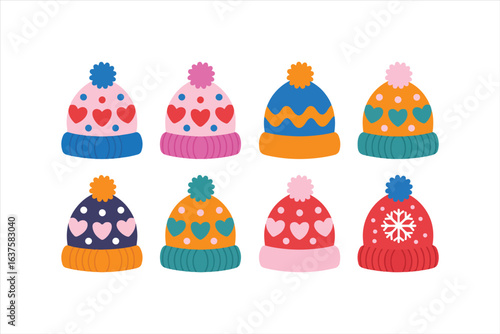 Winter hats set. Modern wool caps. Fashion head accessories, warm wearing for cold weather. Knitted beanies, woolen knitwear in trendy style. Flat vector illustrations isolated on white background