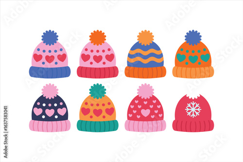 Winter hats set. Modern wool caps. Fashion head accessories, warm wearing for cold weather. Knitted beanies, woolen knitwear in trendy style. Flat vector illustrations isolated on white background