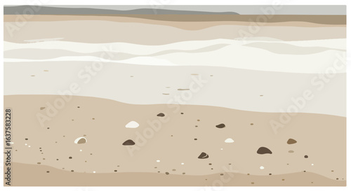 Calm, neutral beach scene with gentle waves and smooth stones on the shore