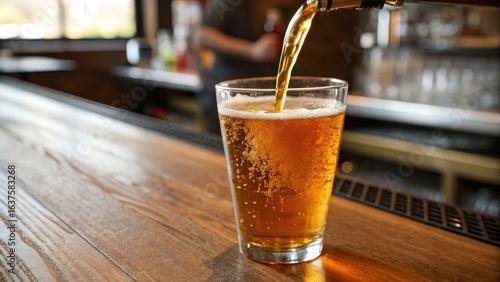 Crisp Golden Beer Pouring into a Glass on Rustic Bar Surface