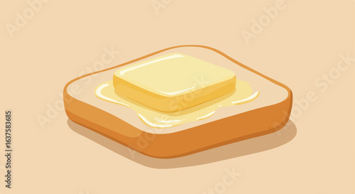 Bread, topped with melting butter on a cream background in an isometric view