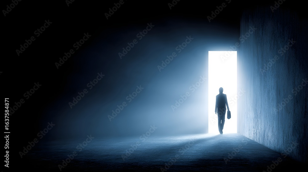 Obraz premium Silhouette of a person walking towards a bright doorway.