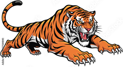 Fierce tiger illustration, wild animal, roaring tiger, big cat predator, striped fur, powerful claws, jungle wildlife, aggressive stance, detailed vector art, orange and black