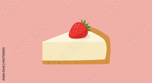 Slice of cheesecake with strawberry topping on a pink background, simple & sweet