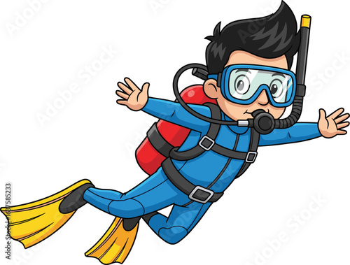 Cartoon scuba diver, character in wetsuit with snorkel and fins, underwater explorer with oxygen tank, vector illustration, CAD drawing artwork