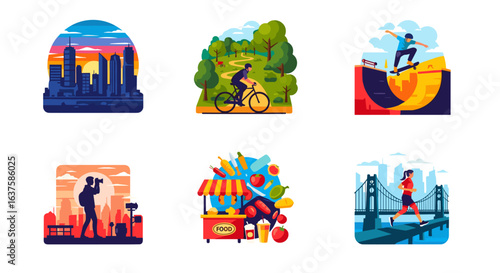 Vibrant illustrations showcase urban outdoor activities like cycling, skateboarding, photography, and jogging in scenic city environments.