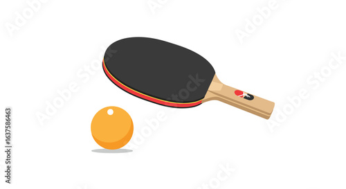 Orange ball sits next to a paddle, ready for a game on a white background