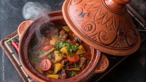 Traditional Moroccan Tagine with Fresh Vegetables and Aromatic Spices