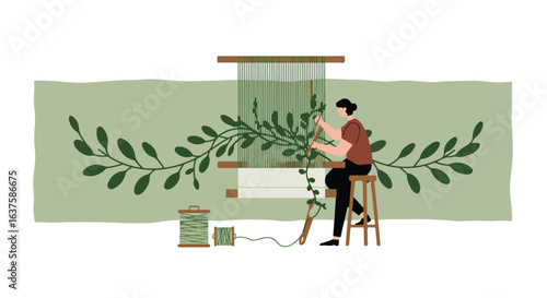 A woman weaving plant-like elements using a loom, seated on a stool, light green tones