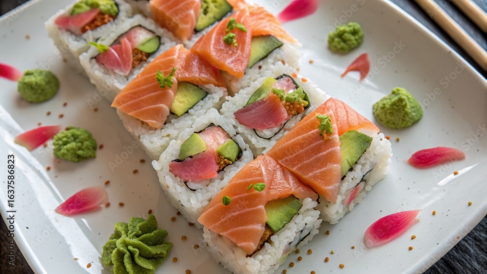 Fresh Salmon Sushi Rolls with Wasabi and Pickled Ginger on Plate Fresh Salmon Sushi Rolls with Wasabi and Pickled Ginger on Plate