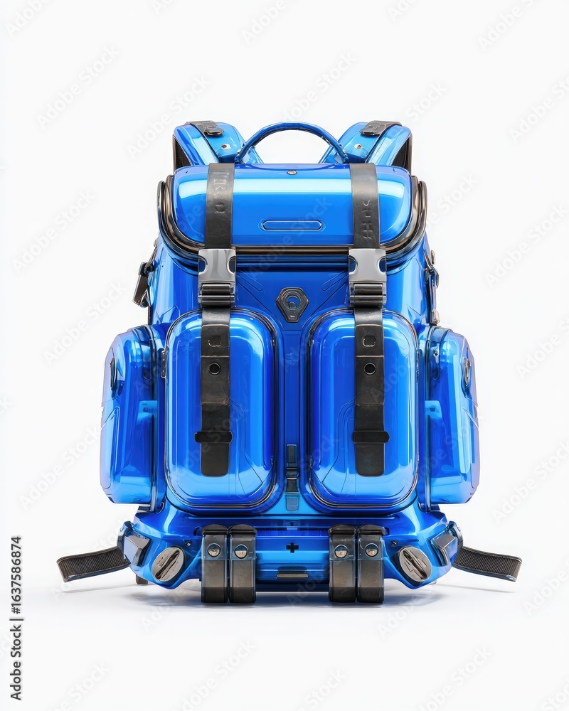 Naklejka premium Vibrant blue backpack, glossy finish, functional compartments