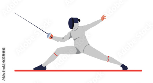 Fencer White clad athlete with a foil stands ready on a red strip, poised to strike
