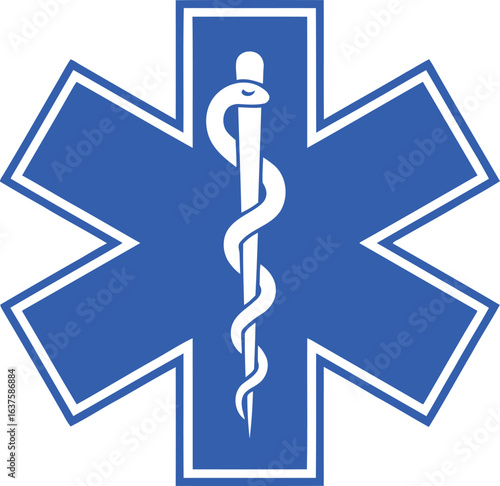 blue star of life symbol with rod of asclepius representing emergency medical services and global healthcare assistance