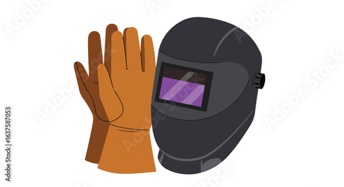 Welding gloves and mask in detailed illustration; PPE safety equipment is isolated