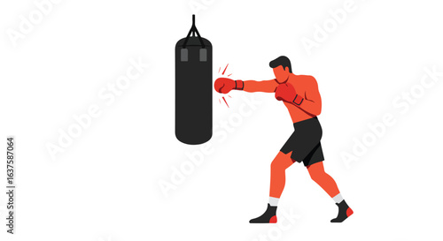 Punching Bag Male figure in boxing attire punching a dark heavy bag on a plain background