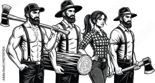 Lumberjack team illustration, woodcutter characters, strong men and woman, vintage style, axe, log, forest workers, retro lumber scene, black and white artwork