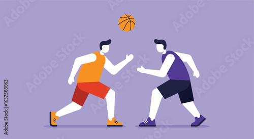 Two flat-style players compete for the ball in a basketball game on soft purple bg