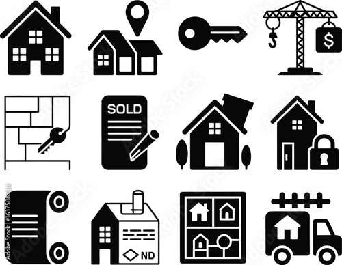 Real Estate and Property Icons Collection Representing Buying Selling Investing Construction and Moving with Focus on Housing
