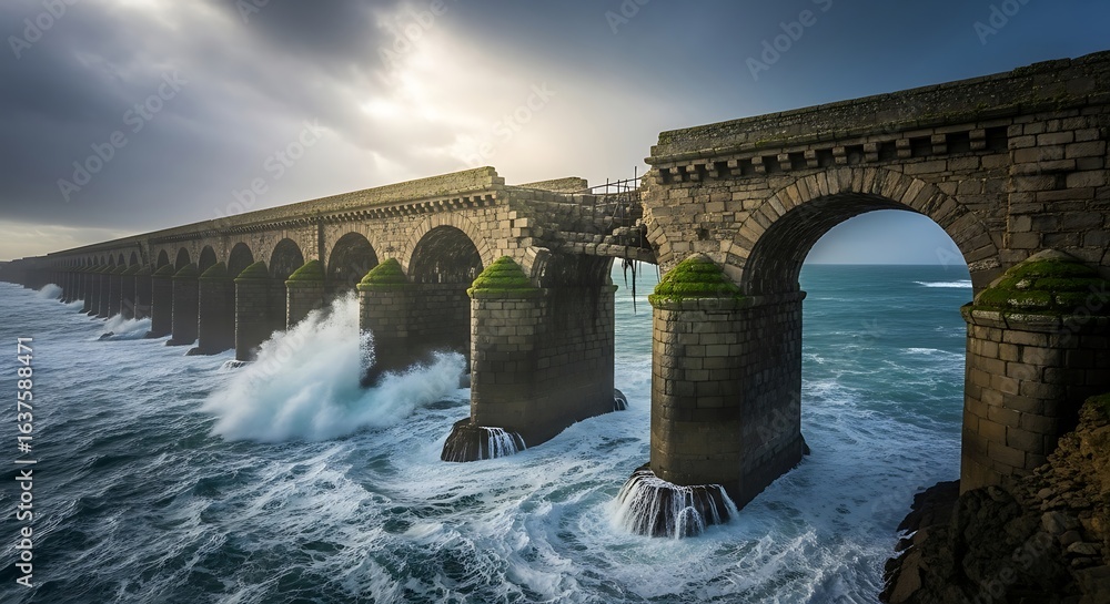 Fototapeta premium Stone Viaduct at Coastline with Waves Crashing Against Pillars, Cornwall, UK