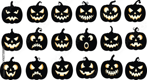 Set of Halloween Pumpkin Jack-o'-Lantern Face Silhouettes