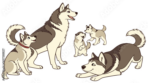 Cartoon Husky Family Group Illustration.