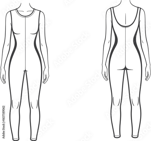 Women’s activewear bodysuit flat sketch, CAD fashion design, front and back view, technical vector template, fitness garment illustration.