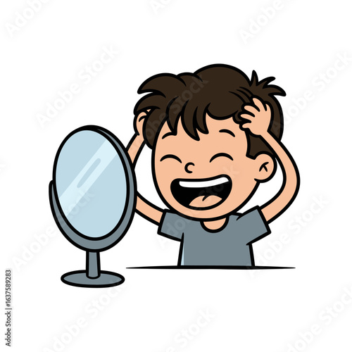 Cartoon boy happily styling his messy brown hair in a mirror.