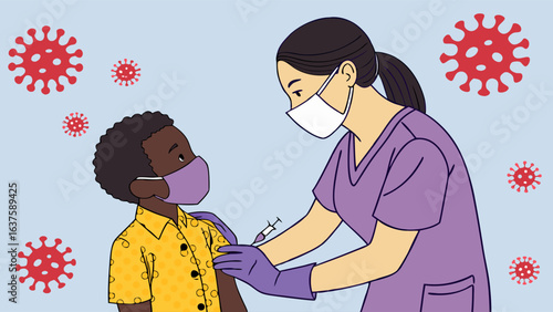 Child Vaccination During Pandemic with Protective Gear.