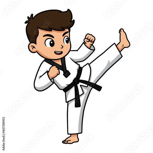 Cartoon boy with a black belt in a white dobok performing a dynamic taekwondo high kick.