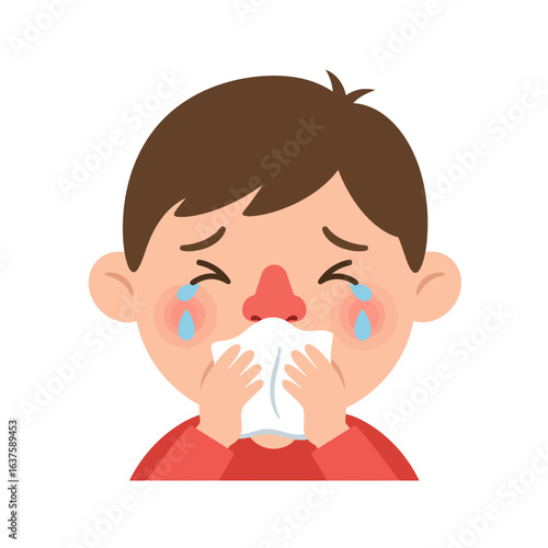 Cartoon boy with a sad face crying and blowing his red nose into a tissue showing symptoms of a cold or flu.