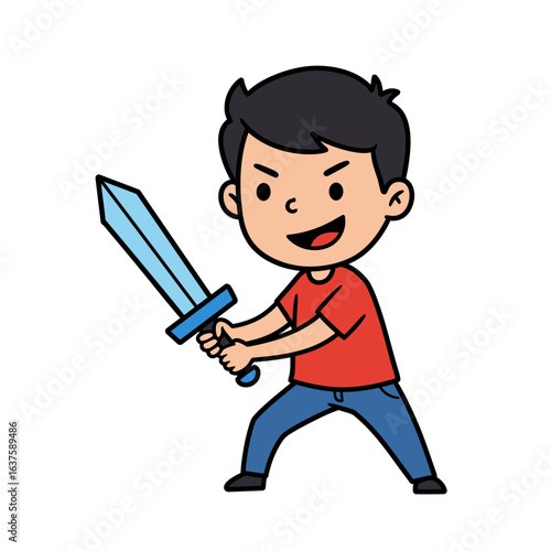 Cartoon boy with black hair in a fighting stance smiling while holding a blue toy sword.