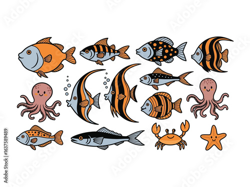 Colorful Aquatic Collection: A vibrant array of illustrated sea creatures, each with its own unique character and charm, swims together in a whimsical underwater scene.