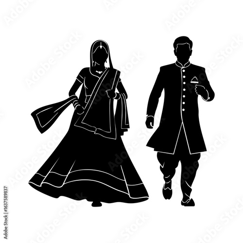 Minimal Hindu Wedding Couple Pheras Ceremony Vector Illustration