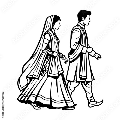 Minimal Hindu Wedding Couple Pheras Ceremony Vector Illustration