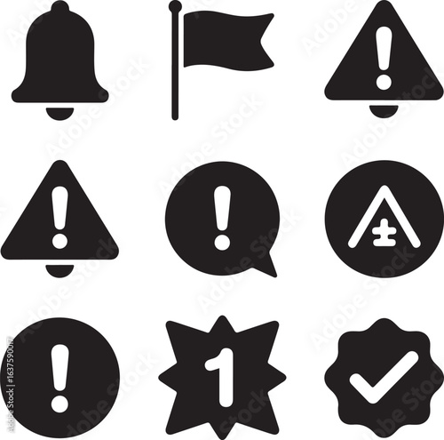 Bell flag exclamation mark warning sign check mark badge