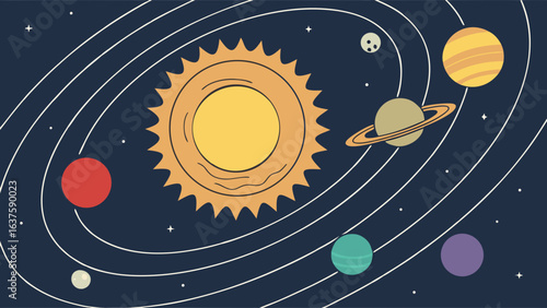 Colorful Cartoon Illustration of the Solar System with Planets.